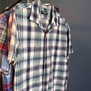 Navy Blue Plaid Casual Button Down Shirt Lightweight Cotton